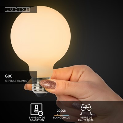 Lucide G80 - Ampoule filament - Ø 8 cm - LED 3 StepDim - E27 - 1x8W 2700K - Opalin
